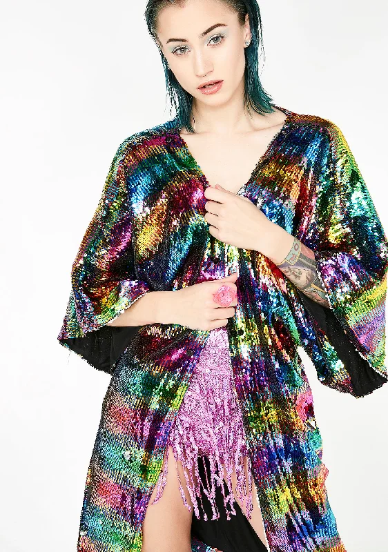 Women's Work Outfit For The Office Chasing Rainbows Flip Sequin Kimono