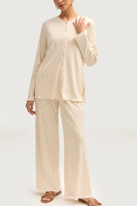 Modern Women's Attire Naeema Ribbed Button Down Top & Pants Matching Set - Off White