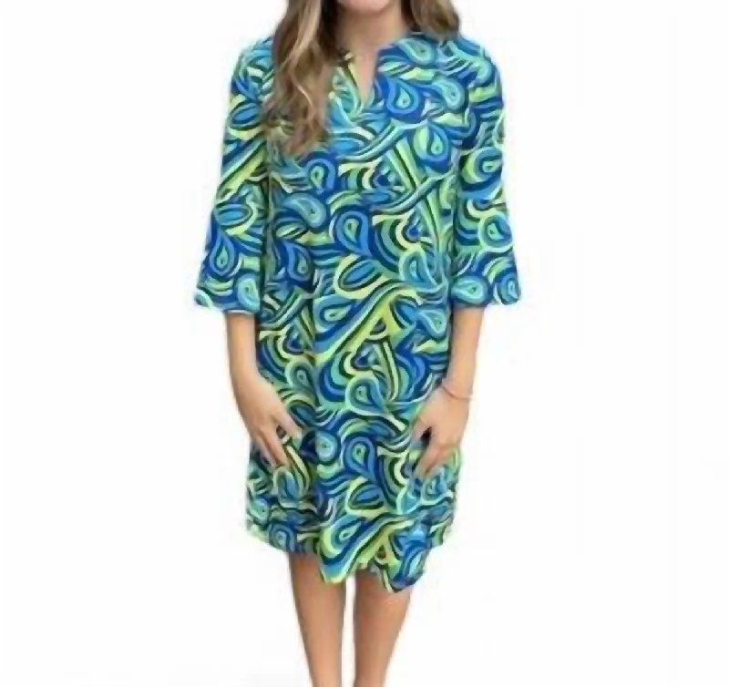 Chic Trends Unveiled Swirl Print Dress In Blue, Green And Yellow