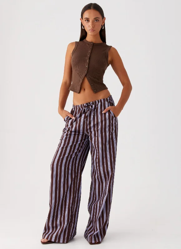 Women's Vacation Clothes Fresh Face Linen Pants - Purple Brown Stripe