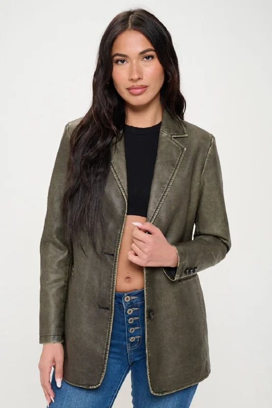 Comfortable Women's Attire Hot Girl X Coalition LA Single-Breasted Vegan Leather Blazer In Deep Olive