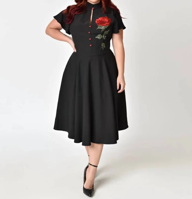 Unleash Your Style 1950's Red Rose Baltimore Swing Dress In Black