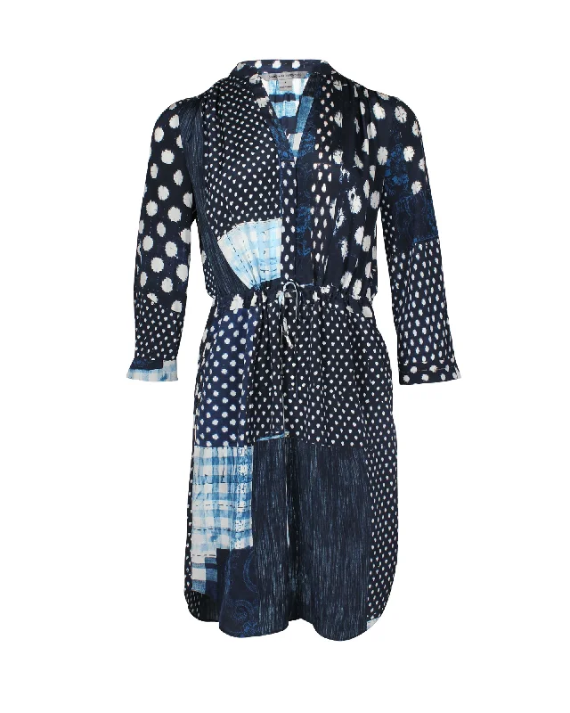 Seasonal Sale Diane Von Furstenberg Polka Dot Patch Print Dress in Navy Blue Silk