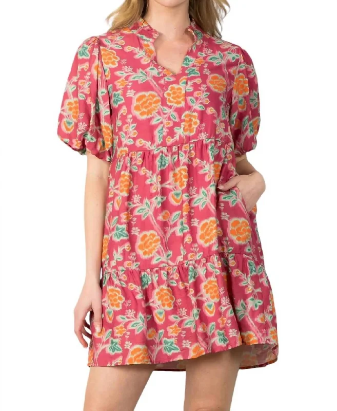 Inspired By You, Designed For You Puff Sleeve Flower Print Dress In Dusty Rose