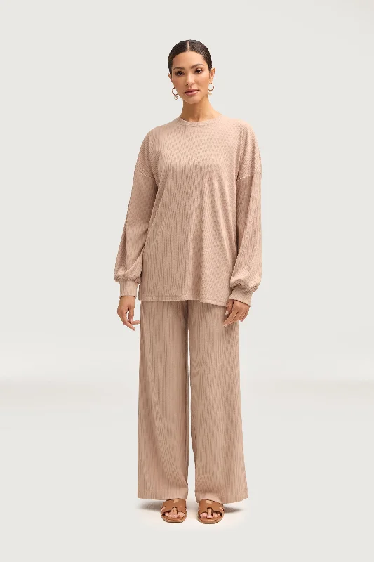 Women's Luxury Attire Mona Ribbed Top & Pants Matching Set - Chai