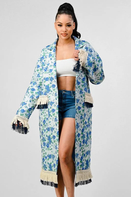 Women's Clothing Hot Girl Athina Garden Floral Tasseled Trench Coat In Blue