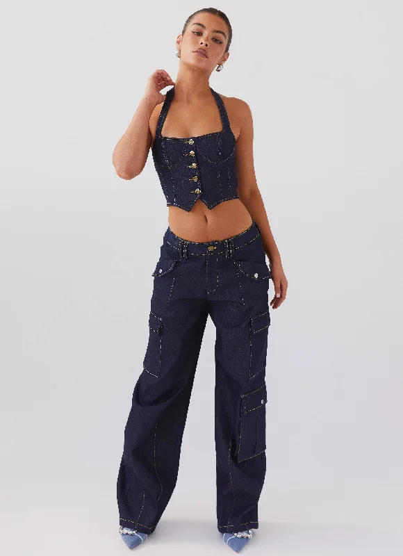 Stylish Women's Outfit Greedy Denim Cargo Pants - Indigo