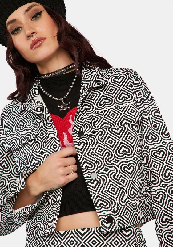 Stylish Women's Garments Martha Mono Heart Print Crop Trucker Jacket