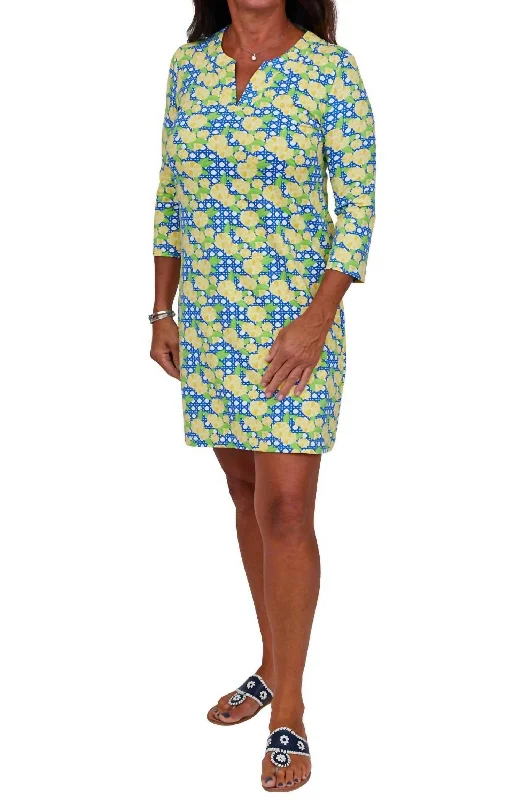 Sporty Streetwear Lucille Boca Italian Lemon Cane Print Dress In Blue & Yellow