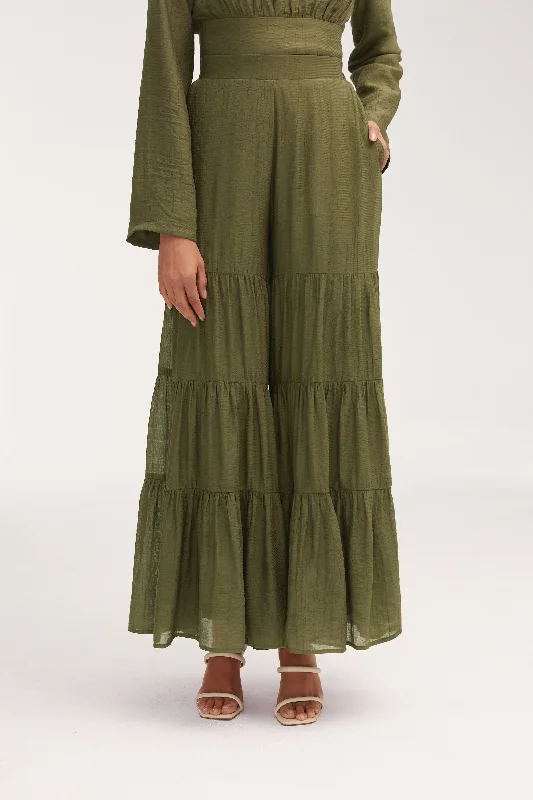 Women's Stylish Casual Garments Bushra Palazzo Wide Leg Pants - Olive