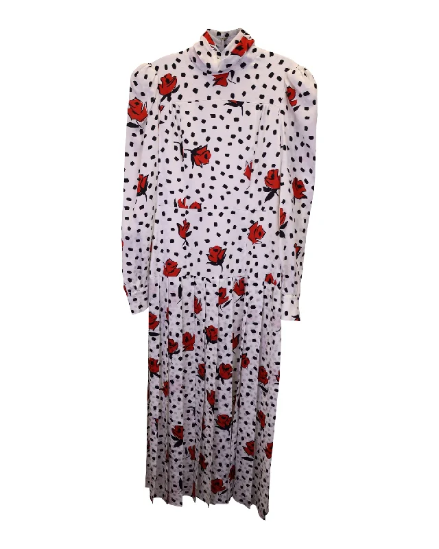 Sophisticated Style Alessandra Rich High-Neck Rose & Polka-Dot Print Dress in White Silk