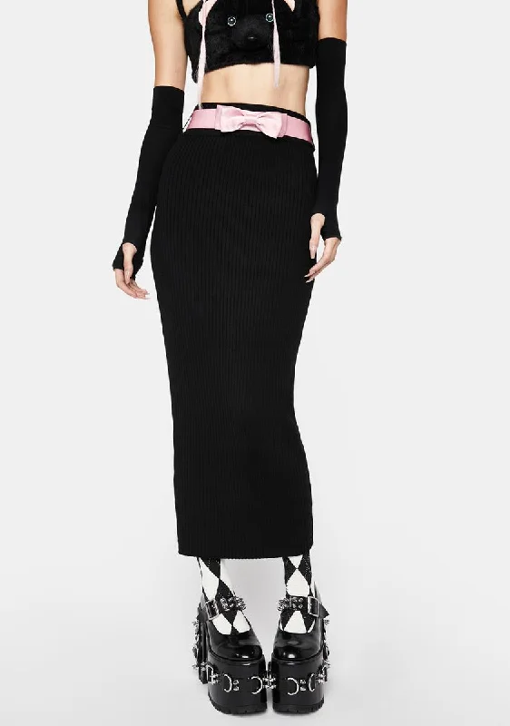 Stylish Outerwear Clothes For Women Black Knitted Skirt With Pink Bow Belt