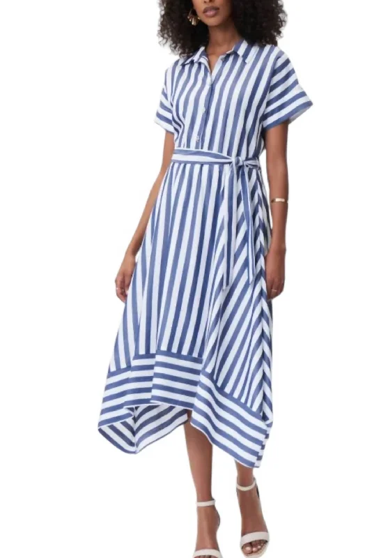 Stylish Basics Fit And Flare Striped Flowy Dress In Blue/shite