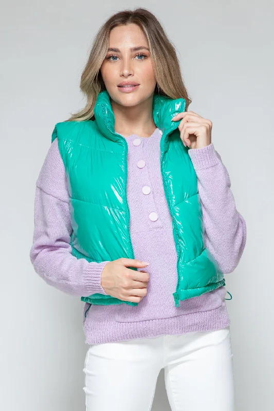 Women's Stylish Outdoor Outfit Hot Girl Snobbish Shiny Quilted  Puffer Vest In Turquoise