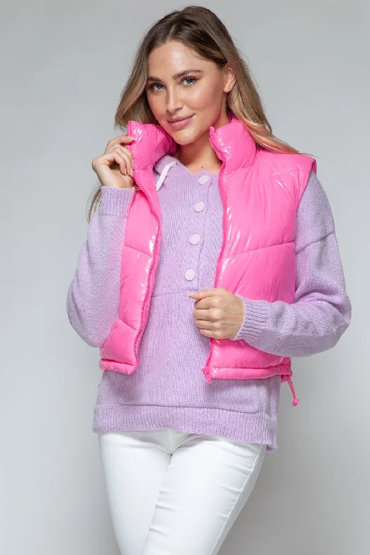 Women's Luxury Attire Hot Girl Snobbish Shiny Quilted  Puffer Vest In Hot Pink