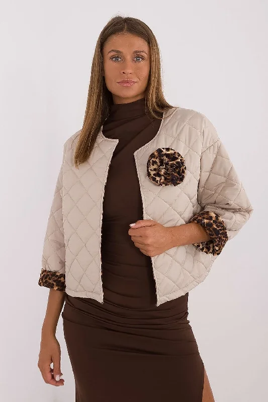 Women's Plus-Size Attire Italy Moda Leopard Trim Quilted Jacket