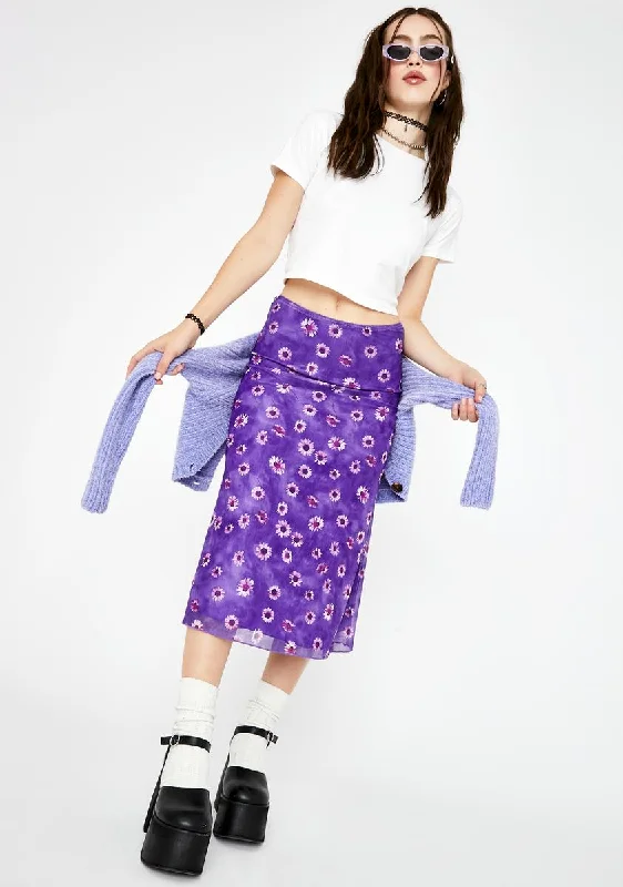 Women's High-Fashion Outfit Purple Daisy Taura Midi Skirt