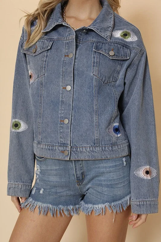 Women's Functional Outfit For Outdoor Activities Hot Girl Evil Eye Embroidered Denim Jacket In Medium Wash