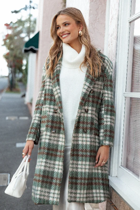 Women's Vintage Garments Anika Plaid Long Coat - Green/Brown