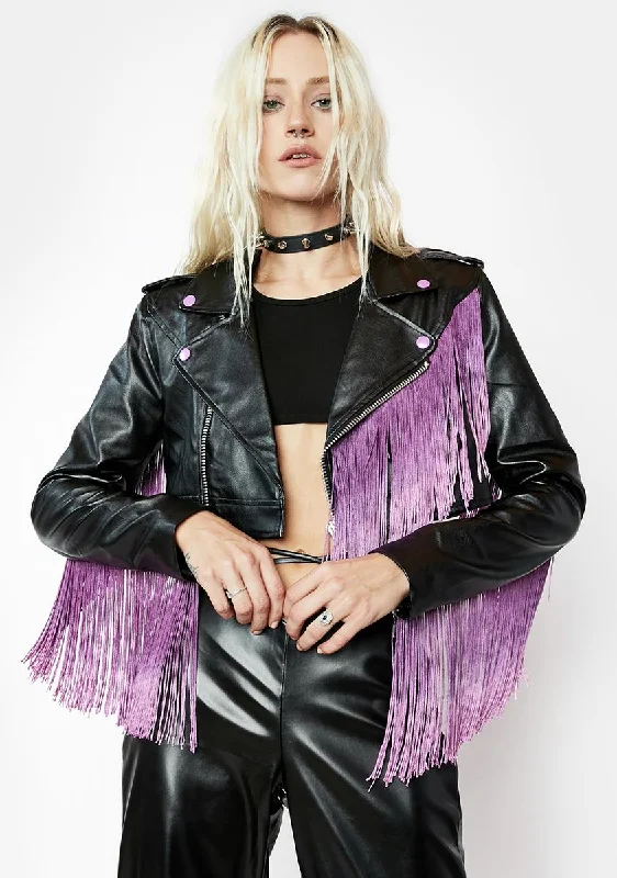 Women's Garments Amethyst Bite The Dust Fringe Moto Jacket