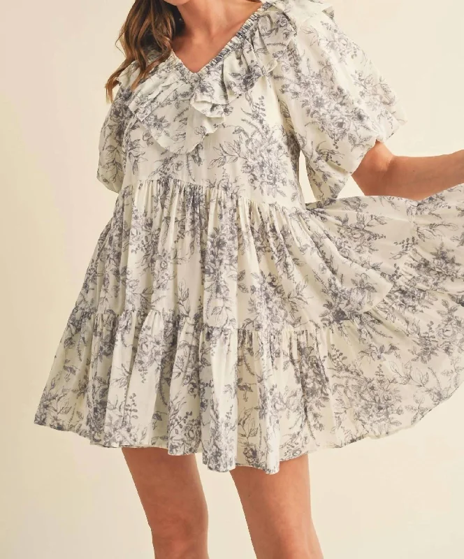 Trend Alert Pastel Printed Flowy Dress In Charcoal/cream