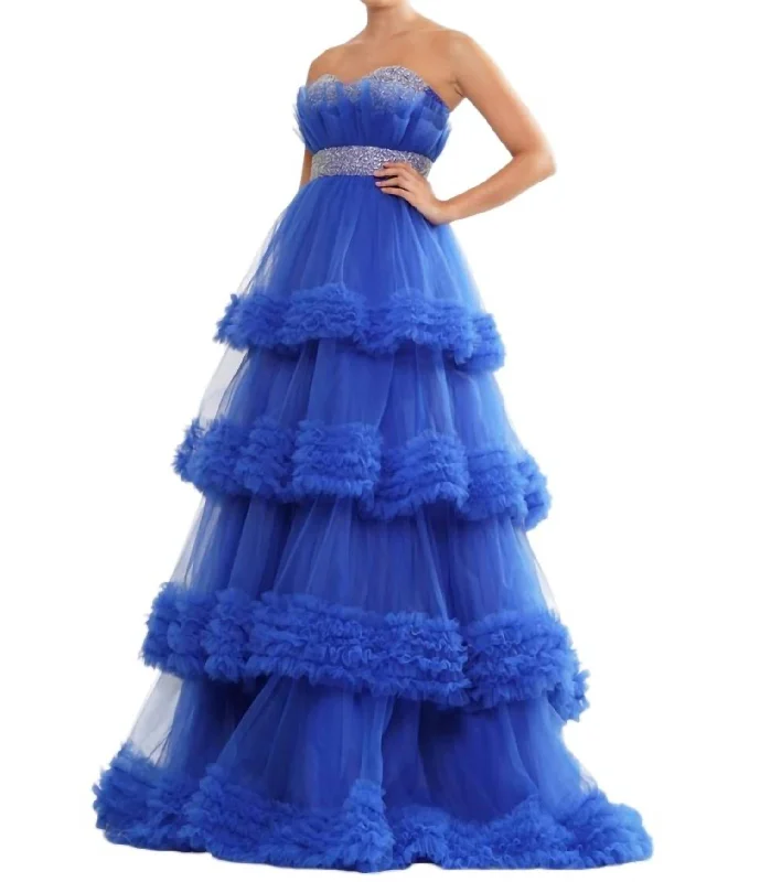 Exclusive Sale Ruffle Tulle Beaded Mesh Dress In Royal Blue