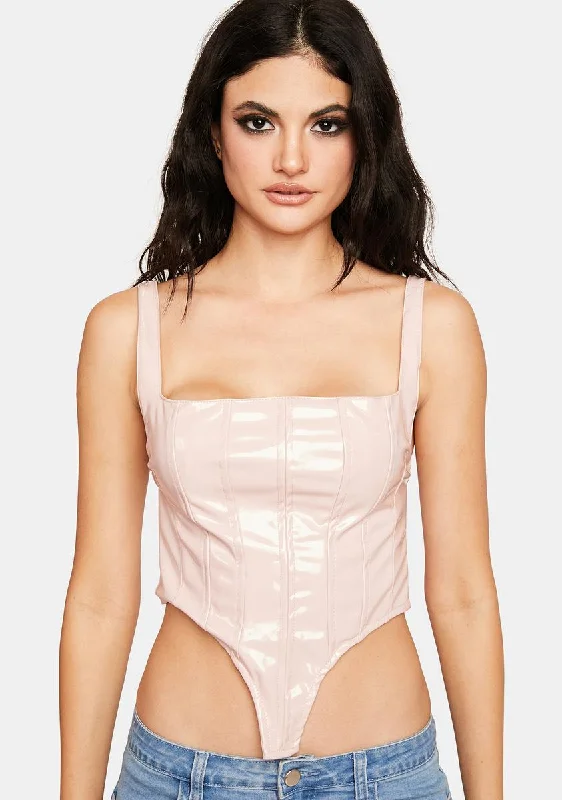 Women's Clothing Outfit Set Powder Pink Vegan Patent Leather Bustier Top