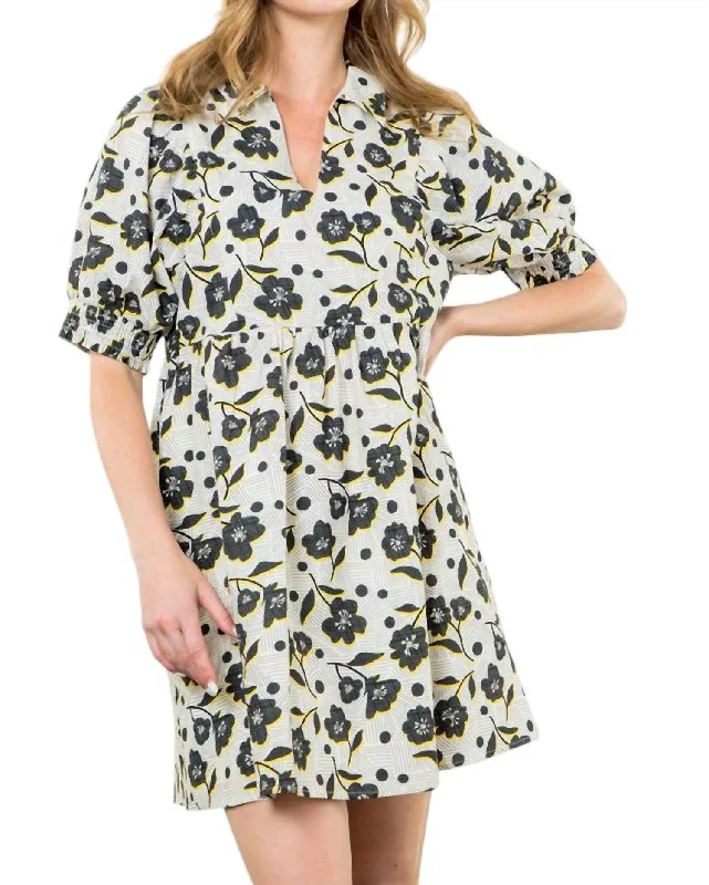 Style Beyond Borders Puff Sleeve Flower Print Dress In White