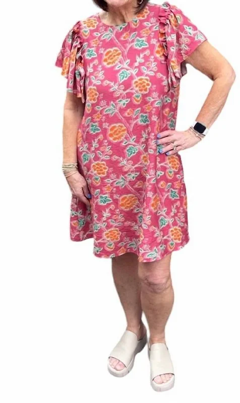 Clothing Woman Flutter Sleeve Flower Print Dress In Pink