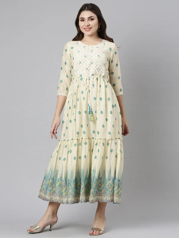 Season Transition Versatile Wear Clearance Neeru's Green Straight Casual Printed Dress