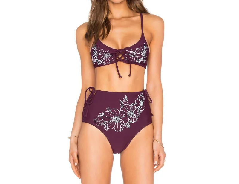 Women's Plus-Size Apparel Reha Lace Up Front Embroidered Bikini Top In Burgundy