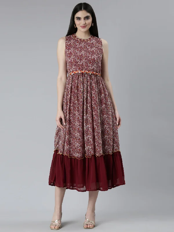 Discount Extravaganza Neeru's Maroon Straight Casual Printed Dress