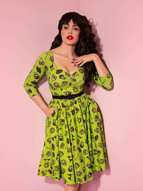 Travel Essentials Wicked Swing Dress in Vintage Monster Mash Print  - Vixen by Micheline Pitt