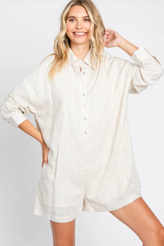 Women's Resort Attire Beige Button Front Long Sleeve Linen Romper
