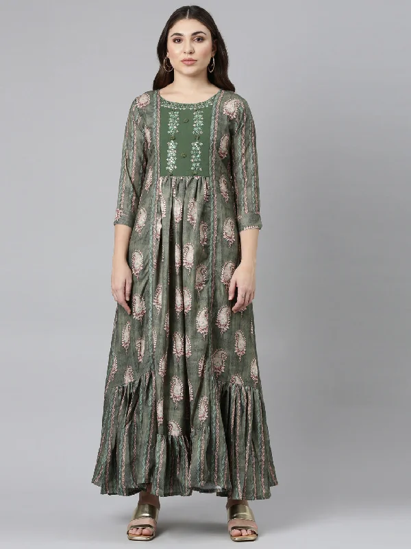 New Season Fashion Preview Sale Neeru's Green Flared Casual Printed Dress