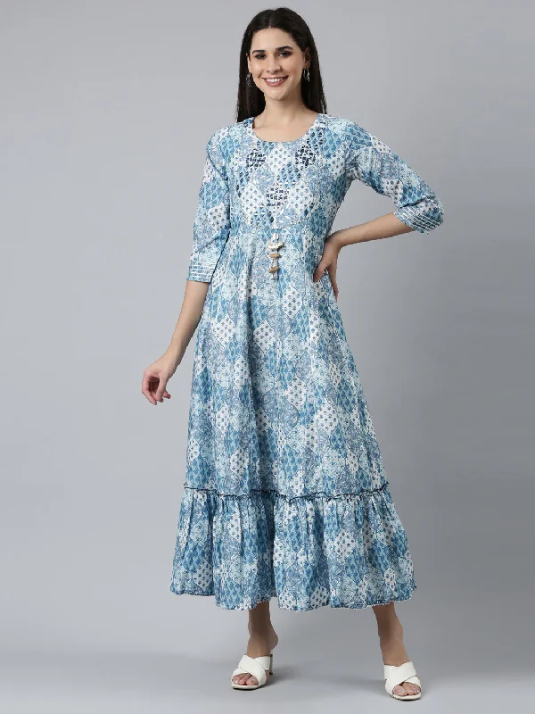 Dive Into Trendy Women's Fashion Neeru's Blue Straight Casual Printed Dress