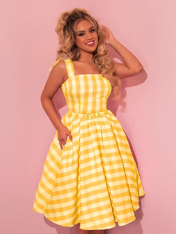 Seasonal Fashion Dream-House Swing Dress and Matching Bow in Yellow Gingham - Vixen by Micheline Pitt