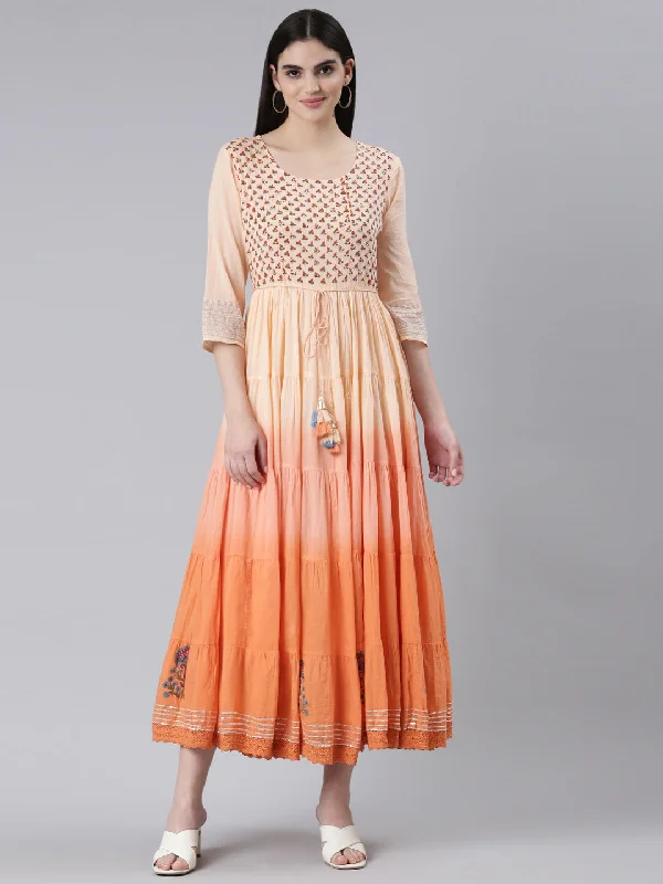 Exquisite Women's Wear Sale Neeru's Peach Flared Casual Printed Dress