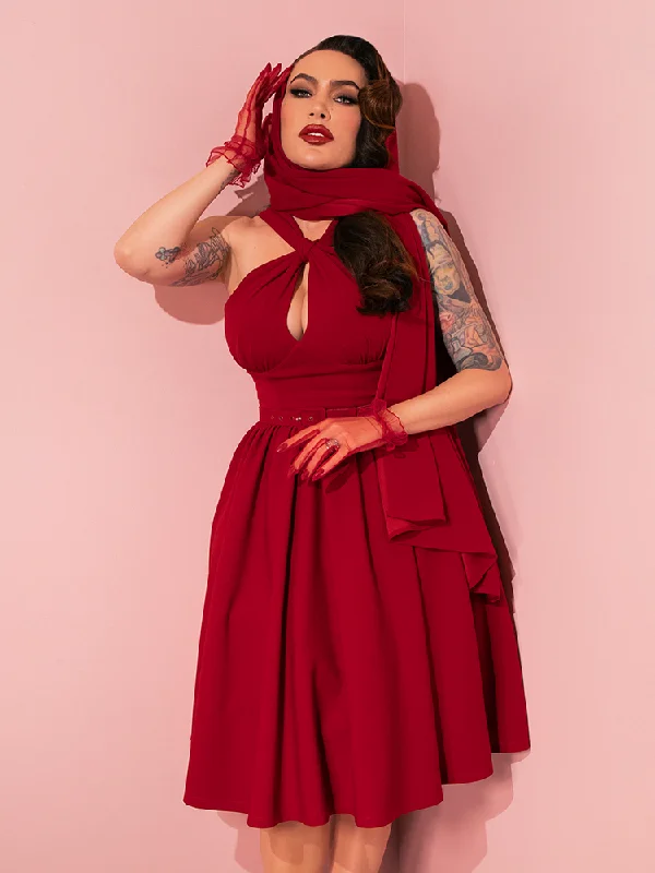 Clothes Of Woman Golden Era Swing Dress and Scarf in Ruby Red - Vixen by Micheline Pitt