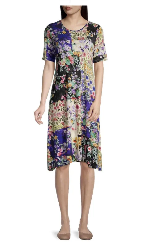 Chic Trends Unveiled Sky Flower Short Sleeve Bamboo Knit Swing Dress In Multi