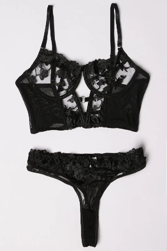 Women's Clothing For Casual Outings Black Embroidery Lingerie Set