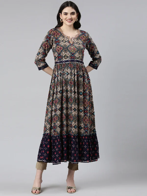 Snag Fabulous Fashion Bargains Neeru's Navy Blue Straight Casual Printed Dress