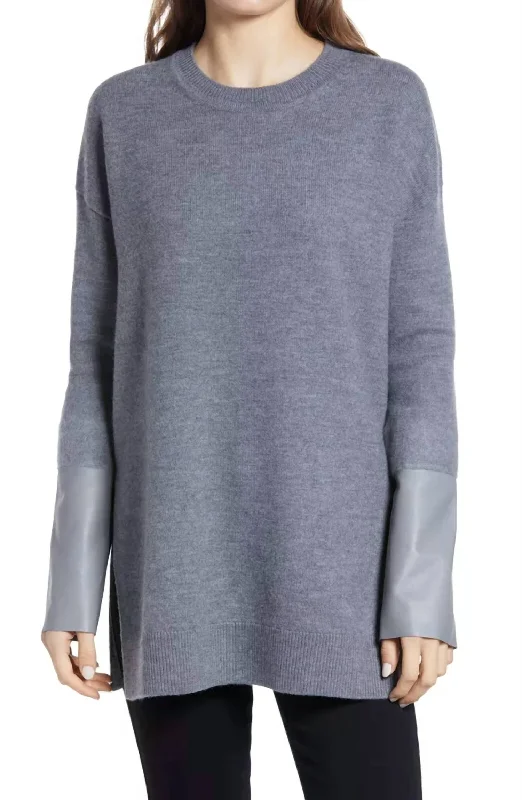 Women's High-End Clothing Leather Cuff Mid Length Side Slits Wool Sweater In Gray