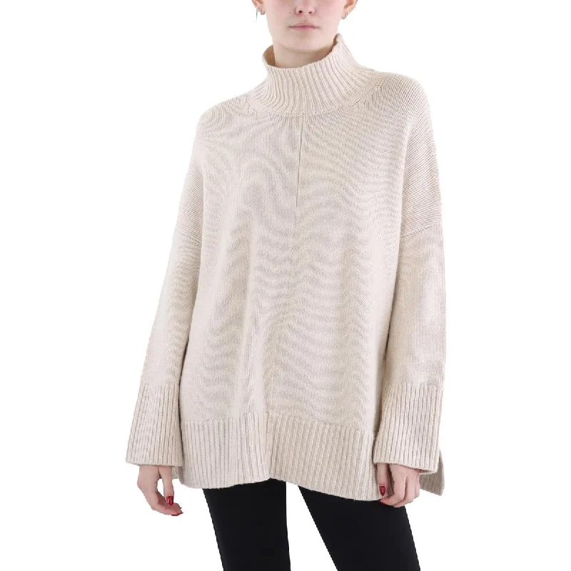 Women's Chic Outerwear Garments Trapeze Womens Ribbed Trim Three Quarter Sleeve Mock Turtleneck Sweater