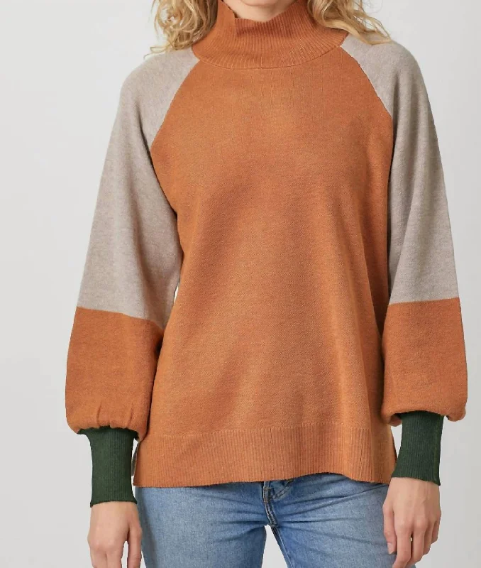 Women's Elegant Apparel Color Blocked Sweater In Rust/toffee