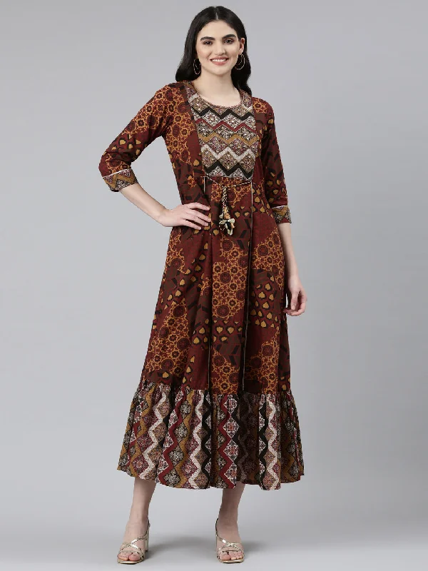 Comfort Centric Apparel Neeru's Brown Straight Casual Printed Dress