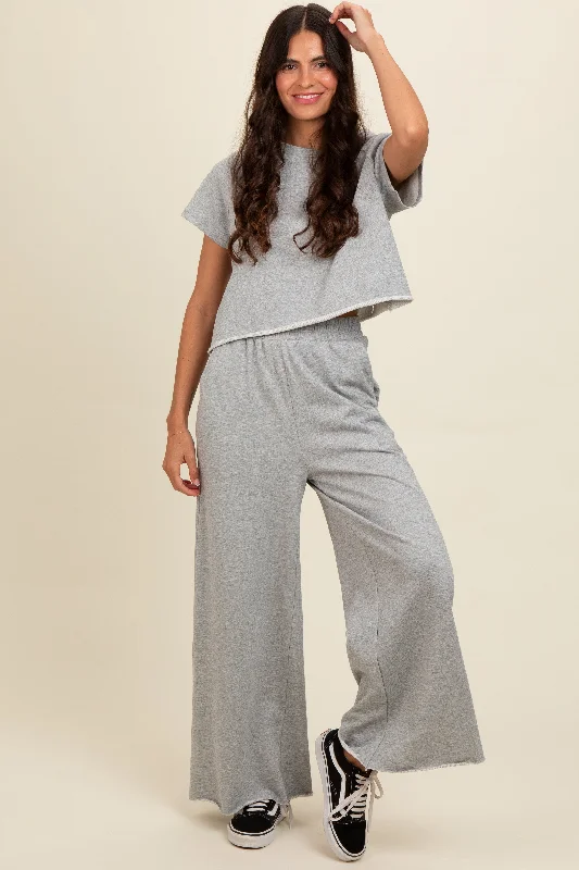 Vintage-Inspired Women's Clothes Heather Grey Basic Tee And Wide Leg Pant Set