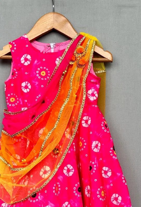 Exclusive Discounts Pre-Order: Festive Pink Printed Dress with Multicolour Attched Dupatta