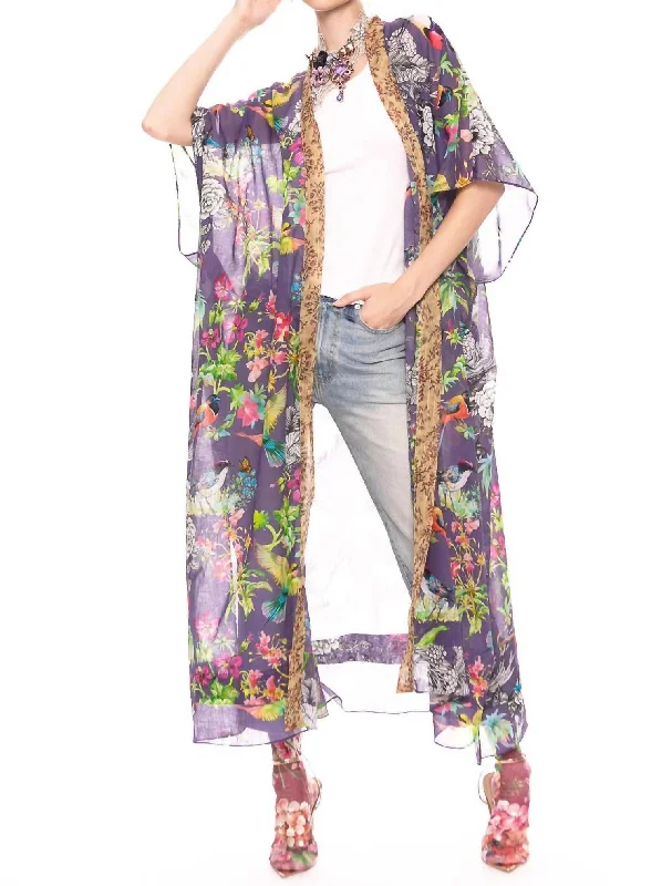 Women's Comfortable Lounge Attire Dreaming Of Paradise Kimono In Vintage Lilac Bird Floral