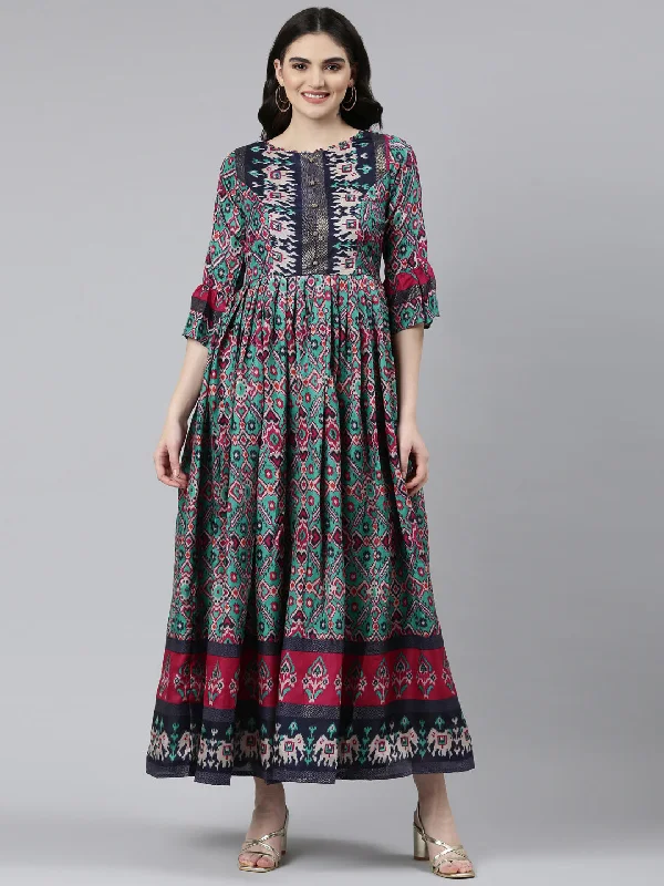 Vibrant Femme Fashion Neeru's Green Straight Casual Printed Dress